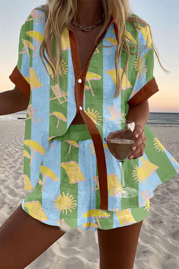 Beach Vacation Print Loose Buttoned Elastic Waist Shorts Set