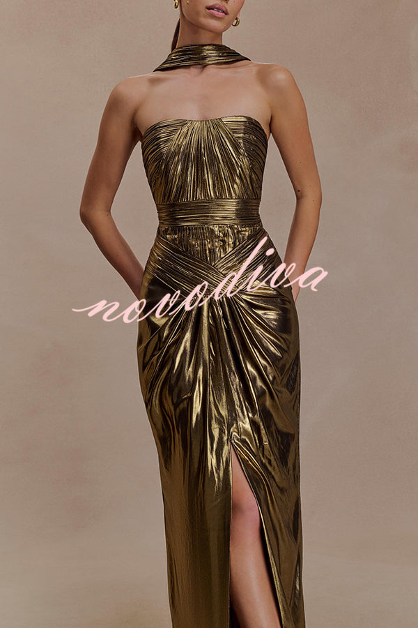 Clemence Plisse Metallic Fabric Reverse Halter Beck Strap Drape Slit Maxi Dress