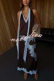 Sunday Social Contrast Color Satin Lace Trim Mid Rise Maxi Skirt