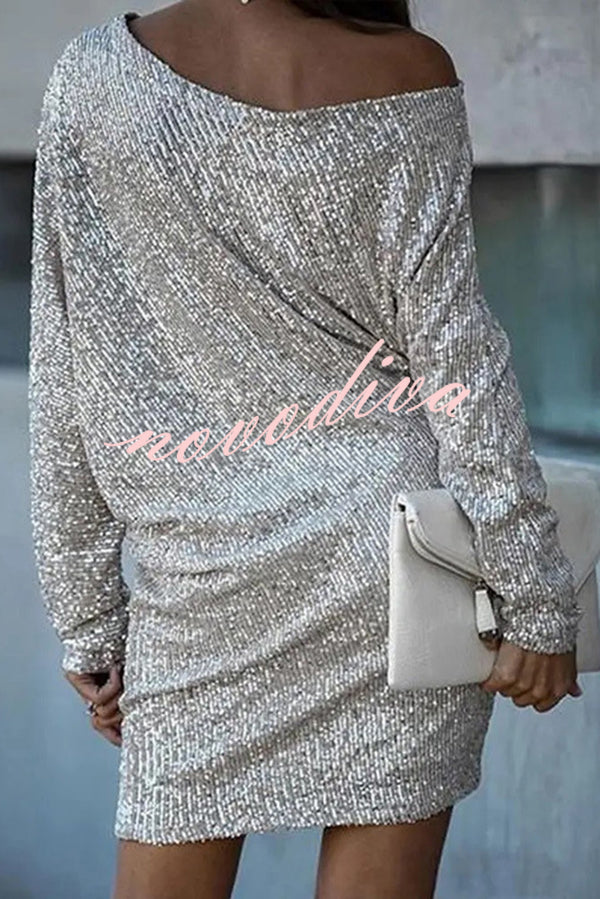 Solid Sequined Off-shoulder Loose Mini Dress