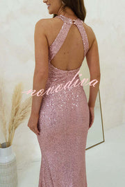 Time To Sparkle Sequin Cross Halter Neck Backless Maxi Dress