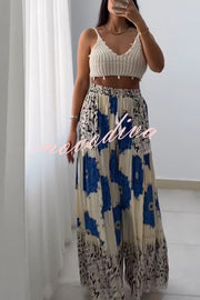 Unique Print Elastic High Waist Tie Pocket Holiday Style Wide Leg Pants