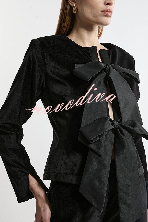 Cue The Cocktails Velvet Tailored Taffeta Bow Detail Peplum Jacket