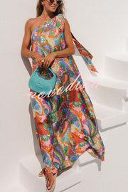 Rainbow Breeze Satin Unique Print Bow One Shoulder Loose Maxi Dress