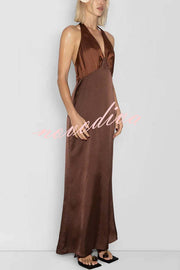 Like A Gem Satin Colorblock Halter Backless Party Maxi Dress