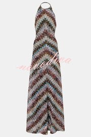 Jodie Knit Colorful Herringbone Print Halter Open Back Maxi Dress