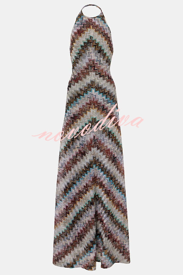 Jodie Knit Colorful Herringbone Print Halter Open Back Maxi Dress