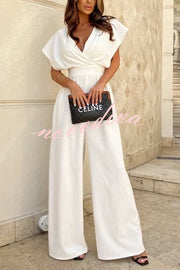 Solid Color V-neck Waist Casual Wide-leg Jumpsuit