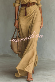 City Sleek Single Breasted Long Sleeve Warp Slit Shirt Maxi Dress