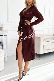 Coralia Sequin V-neck Long Sleeve Twist Waist Front Slit Midi Dress