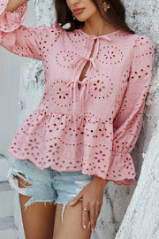 Solid Color Vacation Loose Lace-up Hollow Top