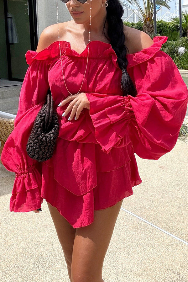 Arnell Linen Blend Off Shoulder Balloon Sleeve Shirt and Elastic Waist Layered Shorts Set