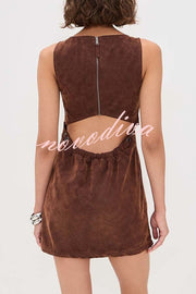 Atlas Faux Suede Open Back Button Accents Zipper Mini Dress
