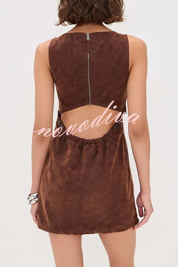 Atlas Faux Suede Open Back Button Accents Zipper Mini Dress