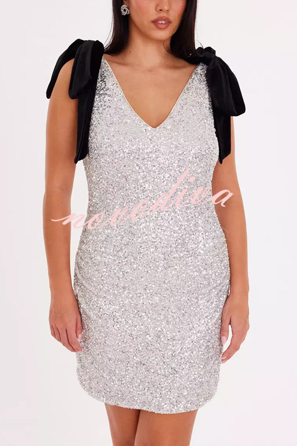 Sparkle and Elegance Sequin Velvet Bow Strap Detail V-neck Mini Dress