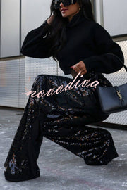 Night Gathering Sequin High Rise Pocketed Wide Leg Cargo Pants