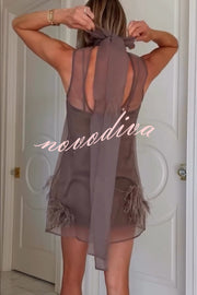 Playful Charm Sheer Chiffon Embellished Feather Back Bow H-line Mini Dress