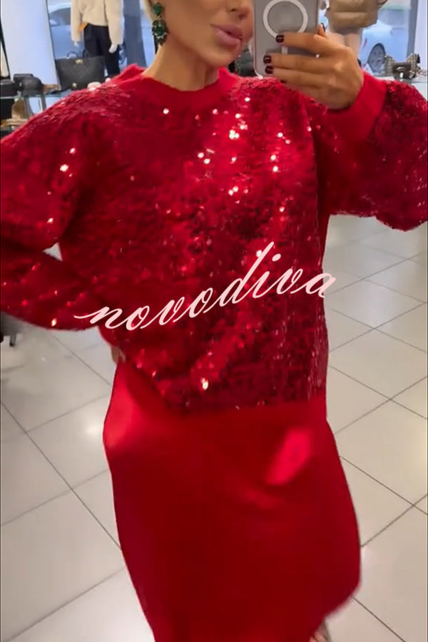 Celebration Day Sequin Patchwork Loose Sweatshirt and Satin Elastic Waist Maxi Skirt Set