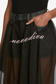 Avant-garde Fashion Denim Flowing Organza Patchwork Pocketed Wide Leg Jeans
