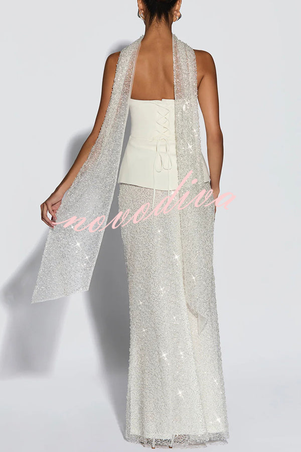 Oakley Corset Strapless Top and Sequin High Rise Maxi Skirt Scarf Set