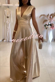 Roisin Metallic Fabric Ruched Shoulder V-neck Wide Leg Drape Jumpsuit