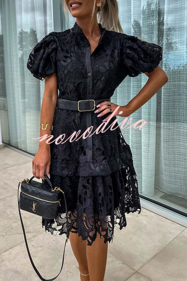 Absolutely Elegant Floral Crochet Lace Puff Sleeve Belted Shirt Midi Dress