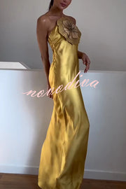 Fashionable Beaded Large Flower Decoration Halter Neck Backless Maxi Dress