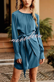 Satin Round Neck Long Sleeve Elastic Tie Mini Dress