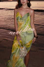Floral Print Sexy Backless Slit See-Through Holiday Maxi Dress