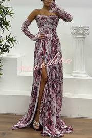 Reina Chiffon Floral Print Pleated Bodice Split Sleeve Strapless Slit Maxi Dress