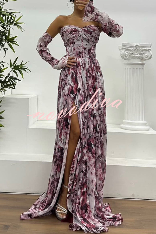 Reina Chiffon Floral Print Pleated Bodice Split Sleeve Strapless Slit Maxi Dress