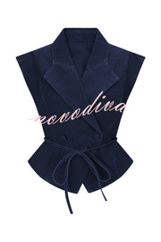 Charley Denim Button Up Cap Short Sleeve Structured Tie-up Lapel Top