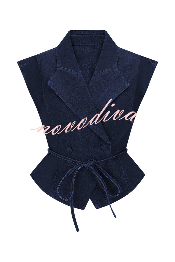 Charley Denim Button Up Cap Short Sleeve Structured Tie-up Lapel Top