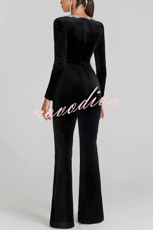 Classic Charm Velvet Jewel Embellished Trim Long Sleeve Flare Jumpsuit