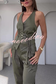 Sexy Backless Belted Waistcoat and Casual Pocket Pants Set