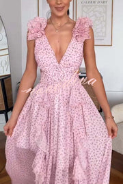 Wedding Dreams Chiffon Printed Flutter Sleeve Cutout Back Lace-up Maxi Dress