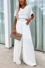 Ivy Cowl Neck Short Sleeve Belt Pleated Loose Wide Leg Jumpsuit