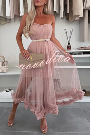 Fairytale Charm Tulle Off Shoulder Ruffles Trim A-line Midi Dress