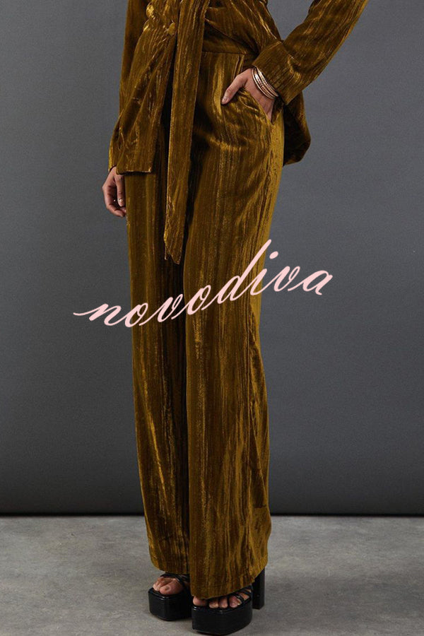 Solid Color Velvet Long-sleeved Waist Tie Top and Elastic Waist Casual Pocket Straight-leg Pants Set