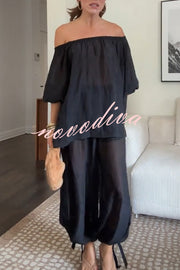Comfortable Area Chiffon Off Shoulder Balloon Sleeve Top and Elastic Waist Knotted Bloomer Set