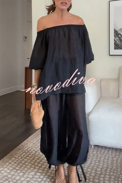 Comfortable Area Chiffon Off Shoulder Balloon Sleeve Top and Elastic Waist Knotted Bloomer Set