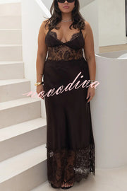 Elegant Evening Satin Lace Patchwork See-through Waist Slip Maxi Dress