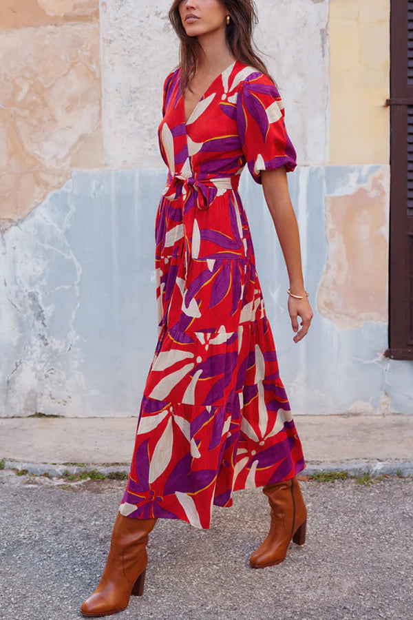 Unique Printed V-neck Puff Sleeves Tie Waist Midi Dress