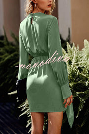 Satin Round Neck Long Sleeve Elastic Tie Mini Dress