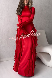 Cline Solid Color High Neck Long Sleeve Elegant Ruffles Maxi Dress