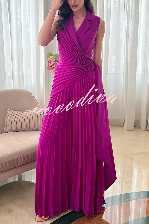 Solid Color Lapel Sleeveless Waist Tie Pleated Wide-leg Jumpsuit
