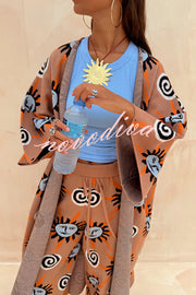 Mediterranean Art Knit Unique Sun Vortex Print Bell Sleeve Long Cardigan