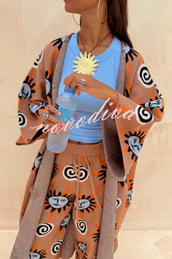 Mediterranean Art Knit Unique Sun Vortex Print Bell Sleeve Long Cardigan