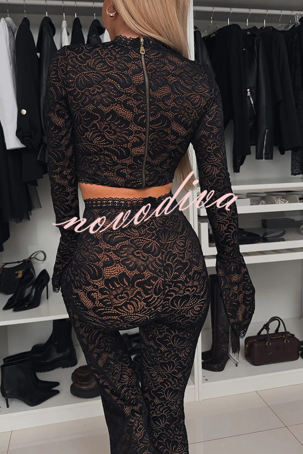 Sexy Charming Lace Bell Sleeve Crop Stretch Top and High Waist Stretch Flared Pants