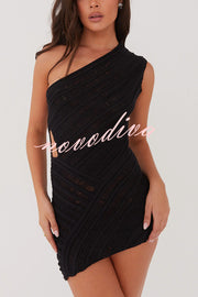 Solid Color Sexy One Shoulder Hollow Stitching Slim Fit Knitted Mini Dress